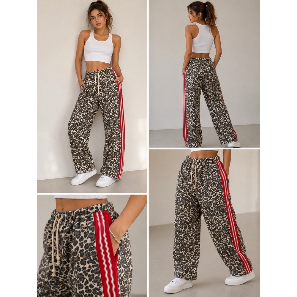 Veveret Pants Womens Leopard Print Wide Leg Red Side Stripe Drawstring Size L